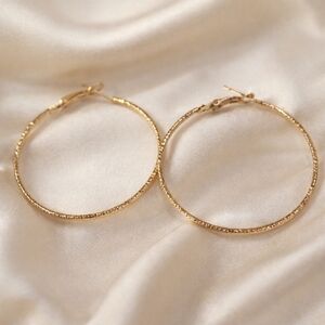 Gold Textured Hoop Earrings 2” – Elegant Classic Statement Women Fashion Jewelry